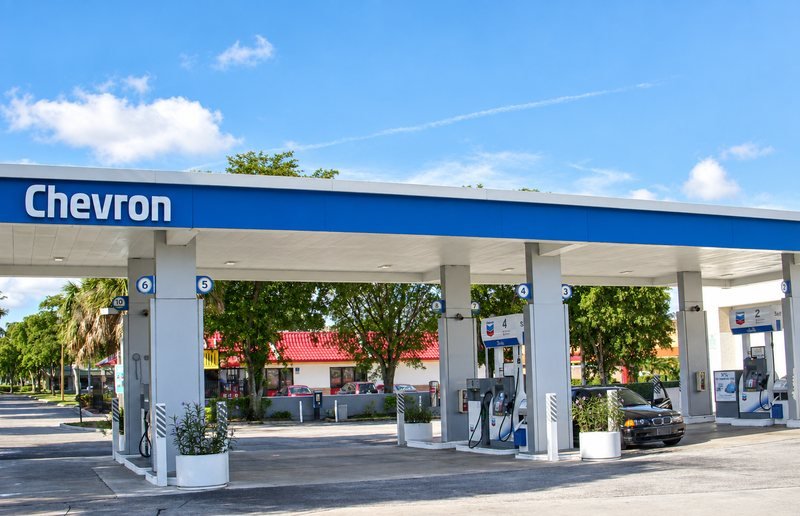 Fuel canopy and pumps at a gas station